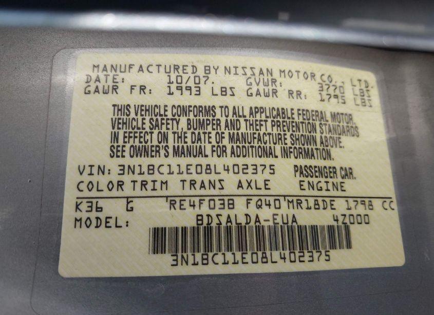 Photo 9 of 2008 Nissan Versa 1.8S (VIN 3N1BC11E08L402375)