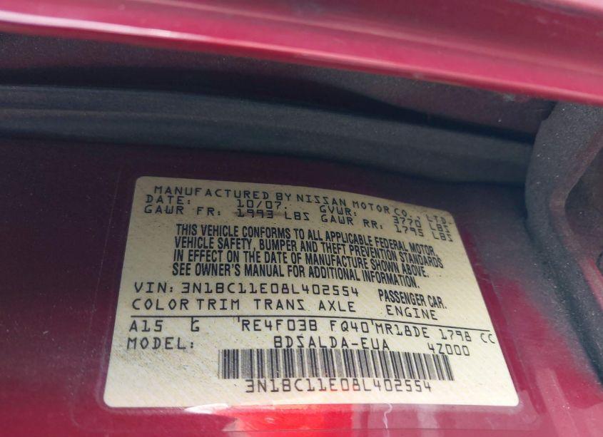 Photo 9 of 2008 Nissan Versa 1.8S (VIN 3N1BC11E08L402554)