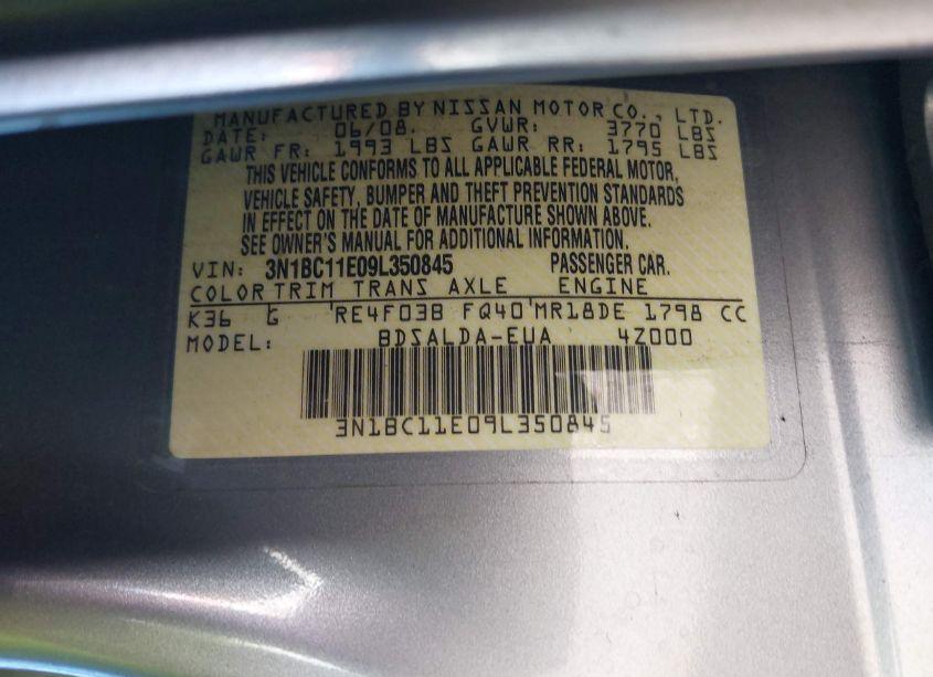 Photo 9 of 2009 Nissan Versa 1.8S (VIN 3N1BC11E09L350845)