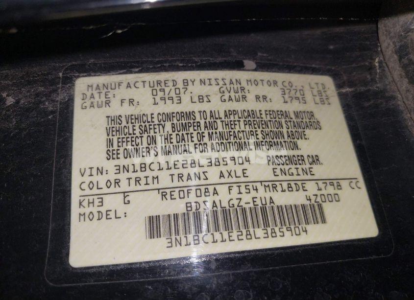 Photo 9 of 2008 Nissan Versa 1.8SL (VIN 3N1BC11E28L385904)