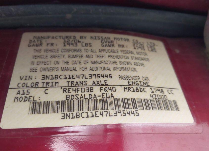 Photo 9 of 2007 Nissan Versa 1.8S (VIN 3N1BC11E47L395445)