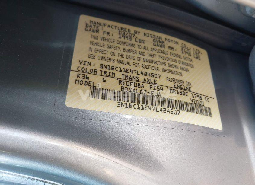 Photo 9 of 2007 Nissan Versa 1.8SL (VIN 3N1BC11E47L424507)