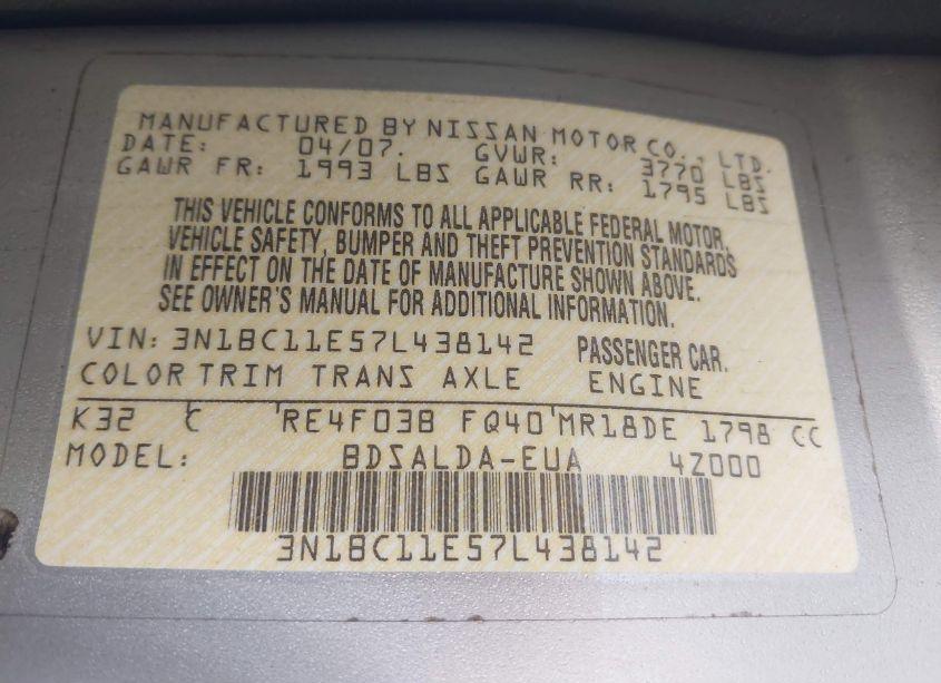 Photo 9 of 2007 Nissan Versa 1.8S (VIN 3N1BC11E57L438142)