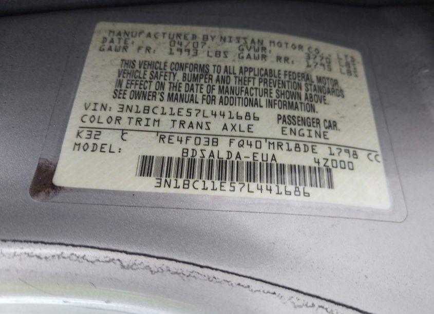 Photo 9 of 2007 Nissan Versa 1.8S (VIN 3N1BC11E57L441686)
