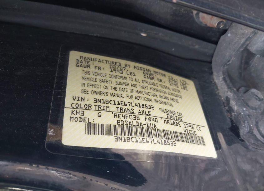 Photo 9 of 2007 Nissan Versa 1.8S (VIN 3N1BC11E67L418532)