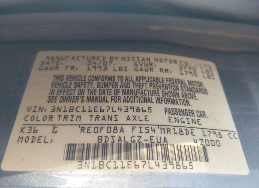 Photo 9 of 2007 Nissan Versa 1.8SL (VIN 3N1BC11E67L439865)