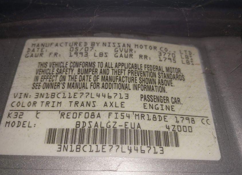 Photo 9 of 2007 Nissan Versa 1.8SL (VIN 3N1BC11E77L446713)