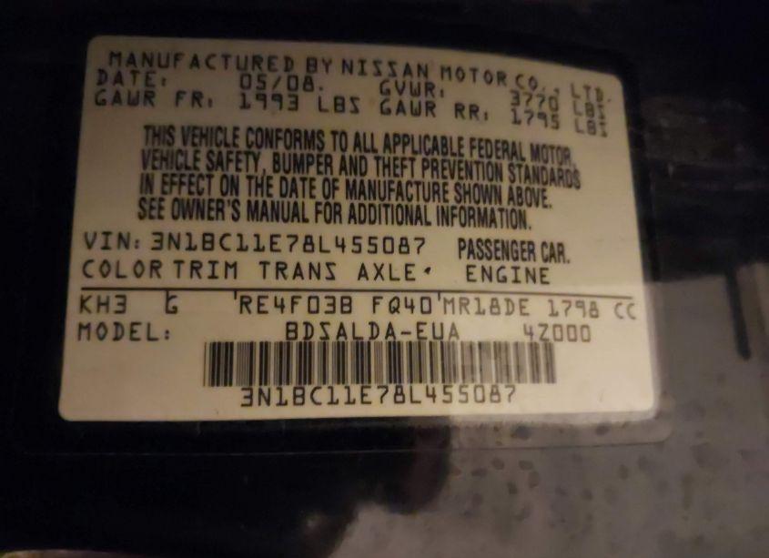 Photo 9 of 2008 Nissan Versa 1.8S (VIN 3N1BC11E78L455087)