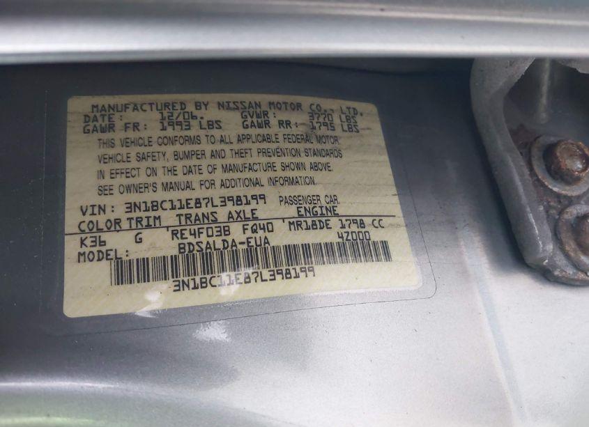 Photo 9 of 2007 Nissan Versa 1.8S (VIN 3N1BC11E87L398199)