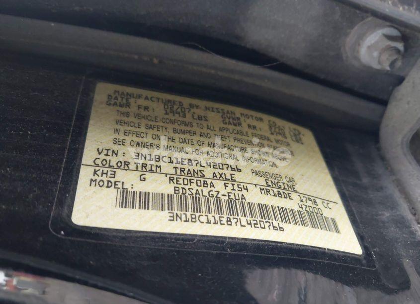 Photo 9 of 2007 Nissan Versa 1.8SL (VIN 3N1BC11E87L420766)