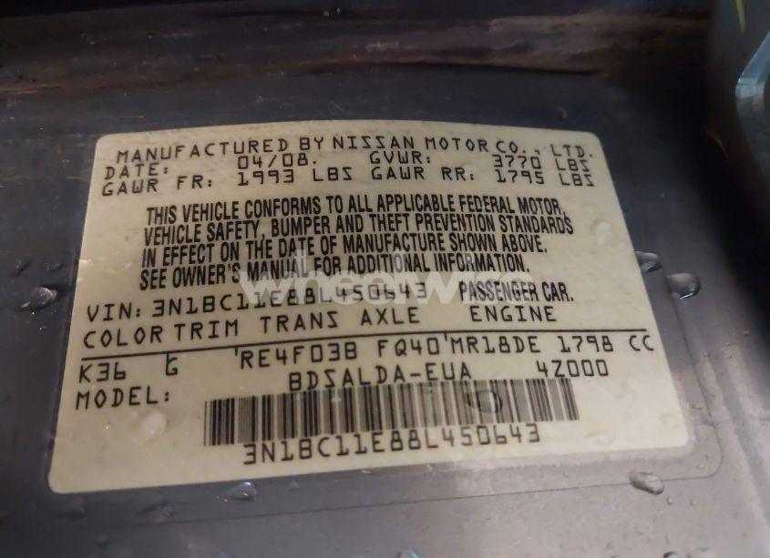 Photo 9 of 2008 Nissan Versa 1.8S (VIN 3N1BC11E88L450643)