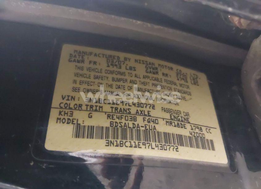 Photo 9 of 2007 Nissan Versa 1.8S (VIN 3N1BC11E97L430772)