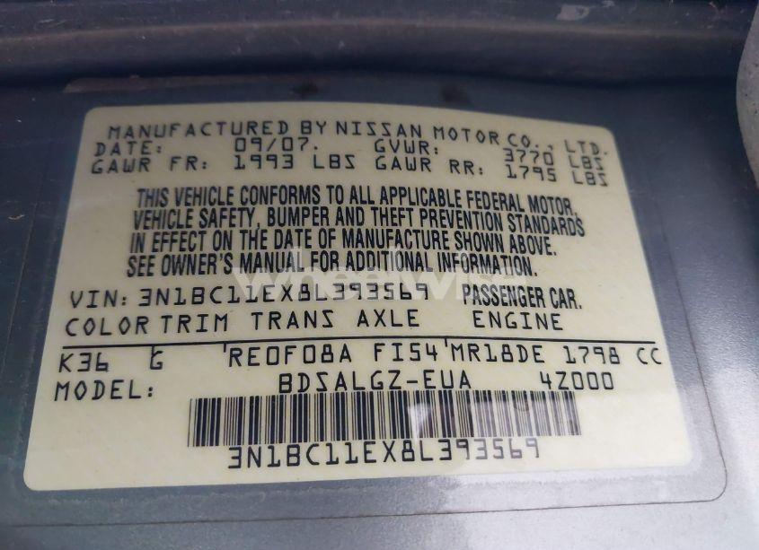 Photo 9 of 2008 Nissan Versa 1.8SL (VIN 3N1BC11EX8L393569)