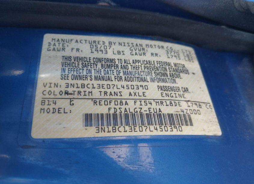 Photo 9 of 2007 Nissan Versa 1.8SL (VIN 3N1BC13E07L450390)