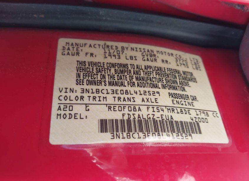 Photo 9 of 2008 Nissan Versa 1.8 SL (VIN 3N1BC13E08L412529)