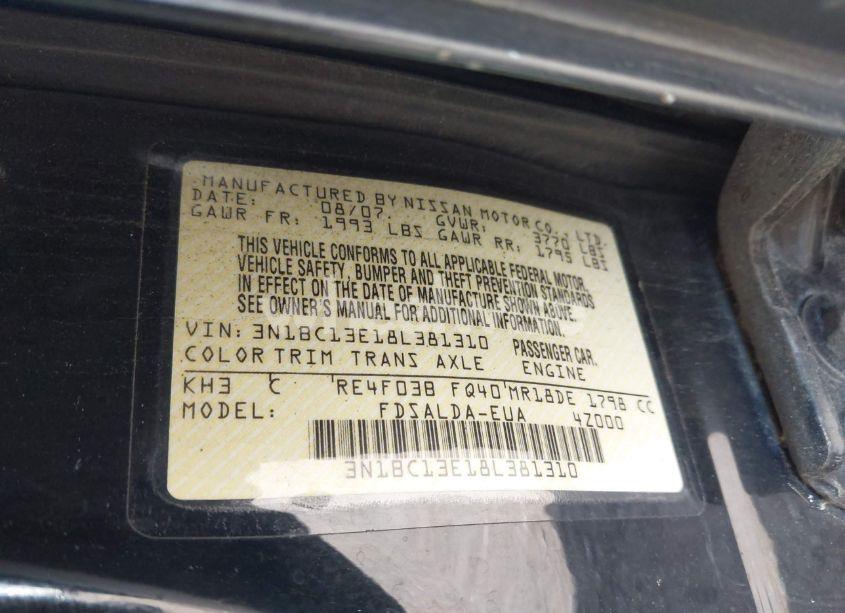 Photo 9 of 2008 Nissan Versa 1.8S (VIN 3N1BC13E18L381310)