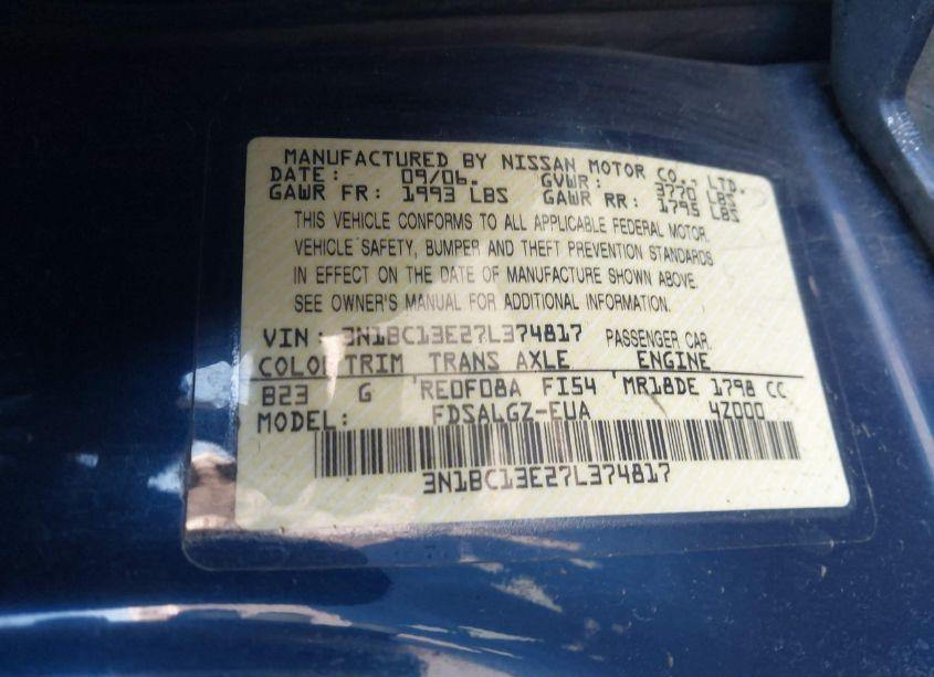 Photo 9 of 2007 Nissan Versa 1.8SL (VIN 3N1BC13E27L374817)
