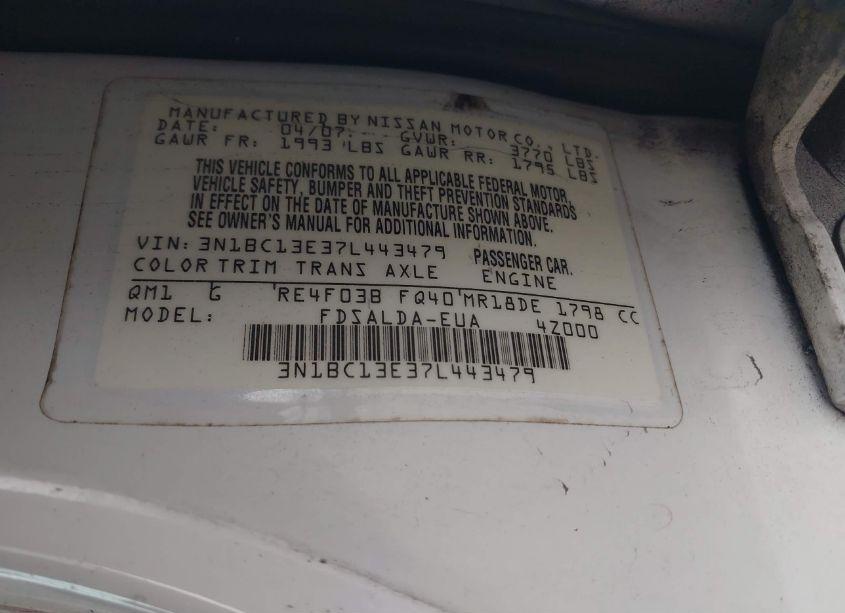 Photo 9 of 2007 Nissan Versa 1.8S (VIN 3N1BC13E37L443479)