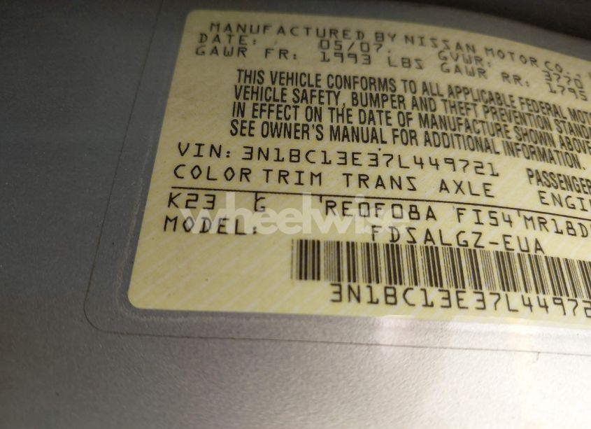 Photo 9 of 2007 Nissan Versa 1.8SL (VIN 3N1BC13E37L449721)