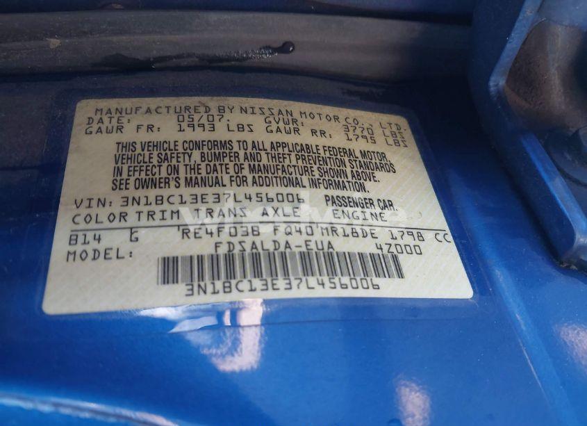 Photo 9 of 2007 Nissan Versa 1.8S (VIN 3N1BC13E37L456006)