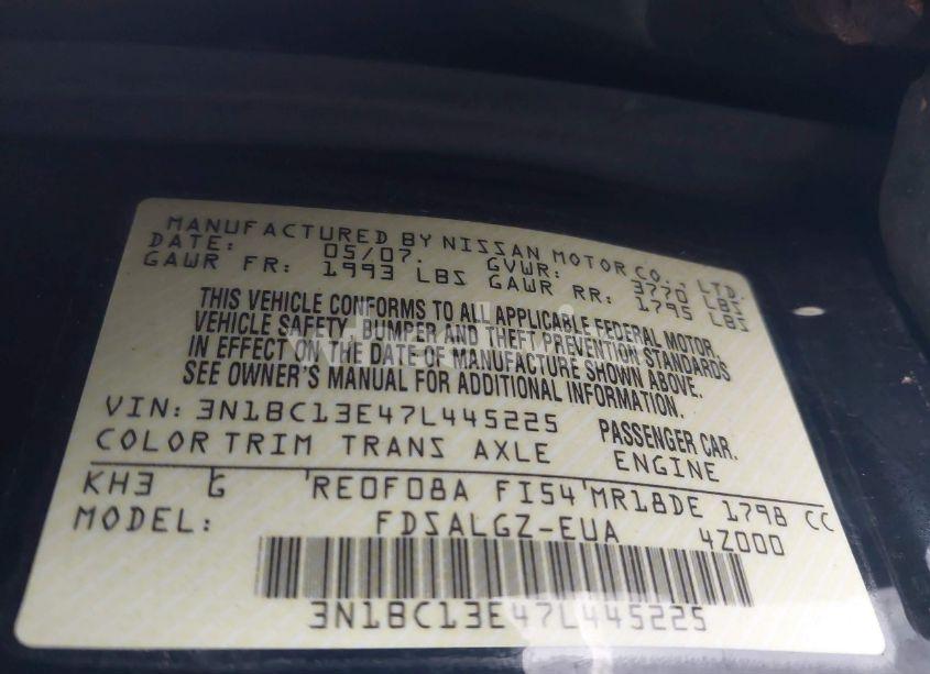 Photo 9 of 2007 Nissan Versa 1.8SL (VIN 3N1BC13E47L445225)