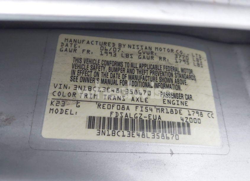 Photo 9 of 2008 Nissan Versa 1.8SL (VIN 3N1BC13E48L358670)