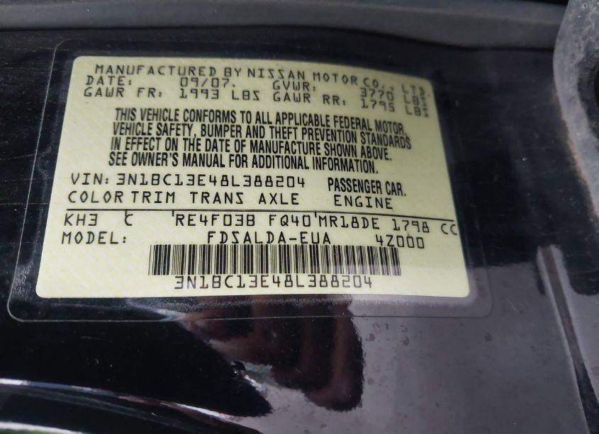 Photo 9 of 2008 Nissan Versa 1.8S (VIN 3N1BC13E48L388204)