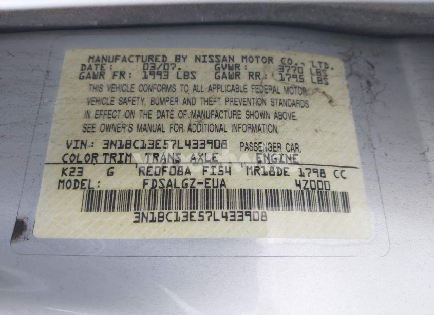 Photo 9 of 2007 Nissan Versa 1.8SL (VIN 3N1BC13E57L433908)