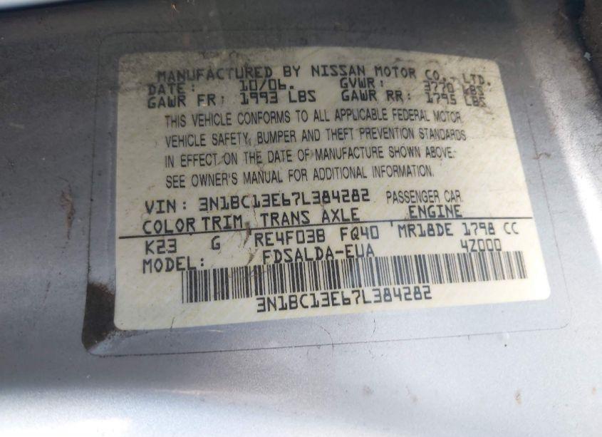 Photo 9 of 2007 Nissan Versa 1.8S (VIN 3N1BC13E67L384282)