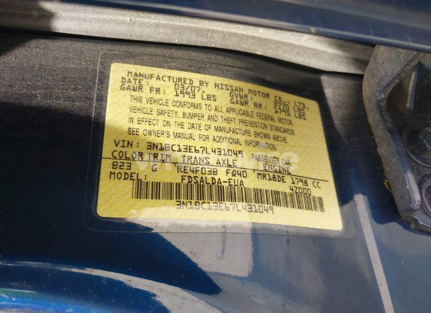 Photo 9 of 2007 Nissan Versa 1.8S (VIN 3N1BC13E67L431049)