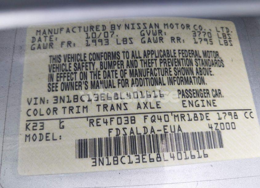 Photo 9 of 2008 Nissan Versa 1.8S (VIN 3N1BC13E68L401616)