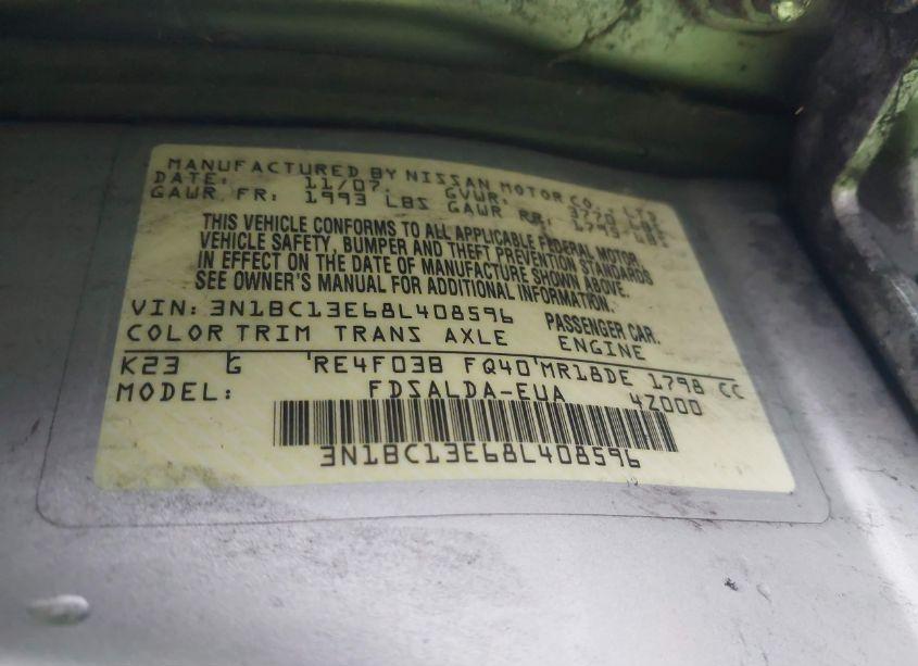 Photo 9 of 2008 Nissan Versa 1.8S (VIN 3N1BC13E68L408596)