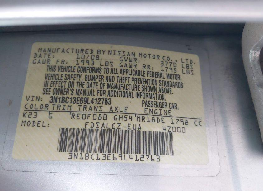 Photo 9 of 2009 Nissan Versa 1.8SL (VIN 3N1BC13E69L412763)