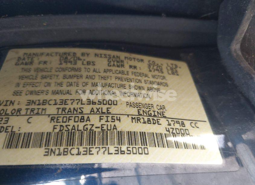 Photo 9 of 2007 Nissan Versa 1.8SL (VIN 3N1BC13E77L365000)