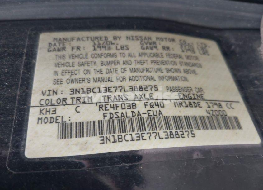 Photo 9 of 2007 Nissan Versa 1.8S (VIN 3N1BC13E77L388275)