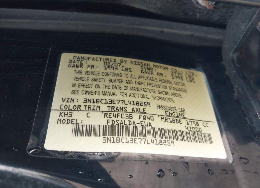 Photo 9 of 2007 Nissan Versa 1.8S (VIN 3N1BC13E77L418259)