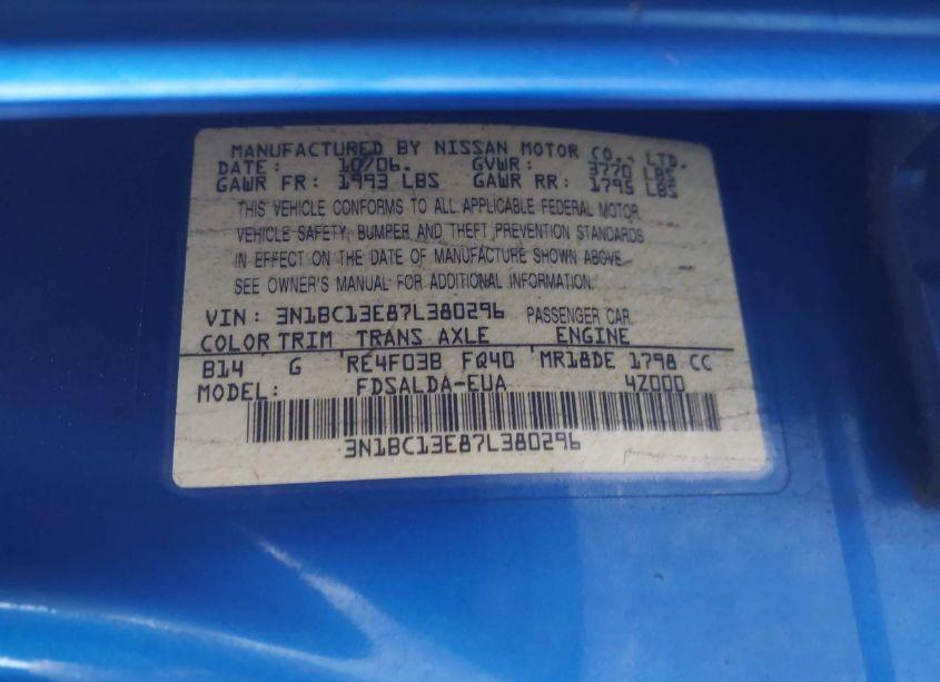 Photo 9 of 2007 Nissan Versa 1.8S (VIN 3N1BC13E87L380296)