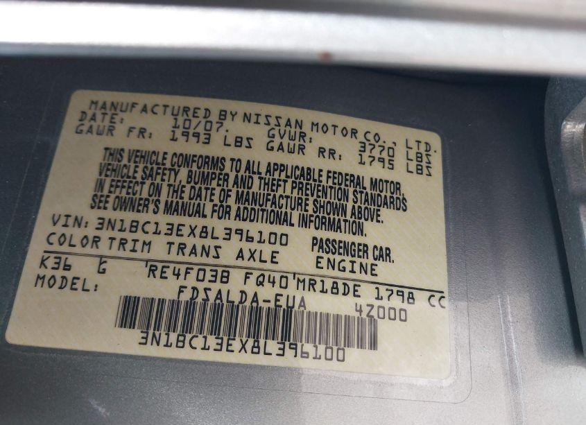 Photo 9 of 2008 Nissan Versa 1.8S (VIN 3N1BC13EX8L396100)