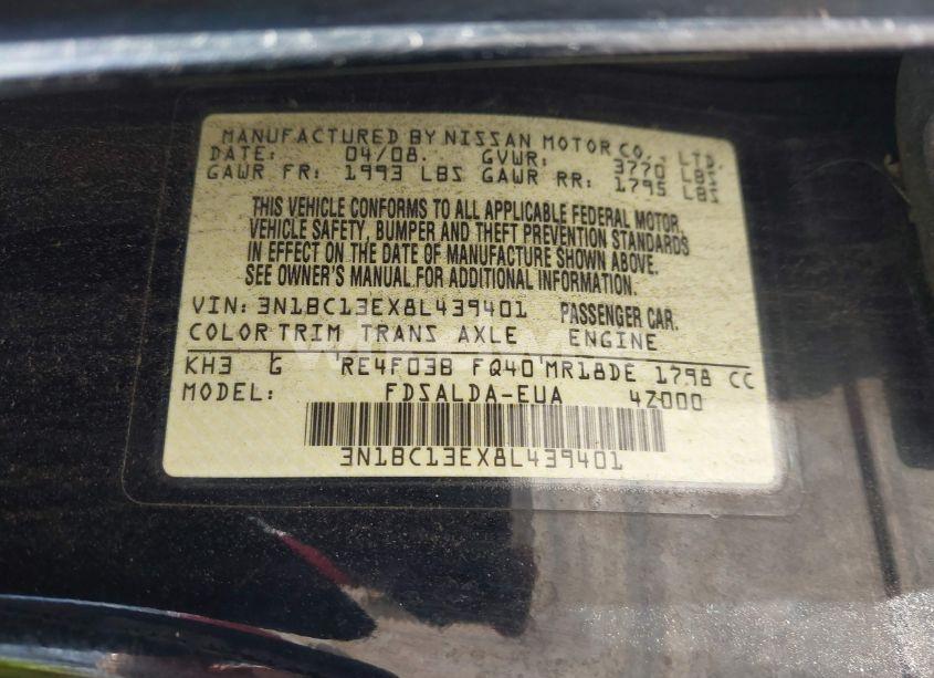 Photo 9 of 2008 Nissan Versa 1.8S (VIN 3N1BC13EX8L439401)