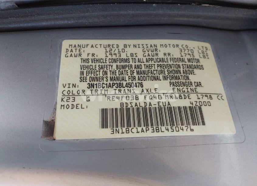 Photo 9 of 2011 Nissan Versa 1.8S (VIN 3N1BC1AP3BL450476)