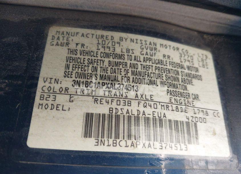 Photo 9 of 2010 Nissan Versa 1.8S (VIN 3N1BC1APXAL374513)