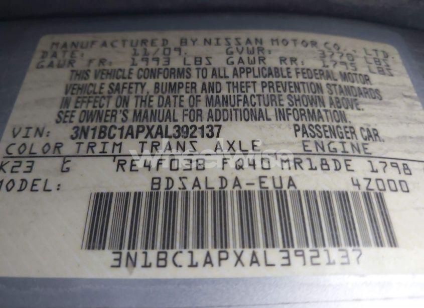 Photo 9 of 2010 Nissan Versa 1.8 S (VIN 3N1BC1APXAL392137)