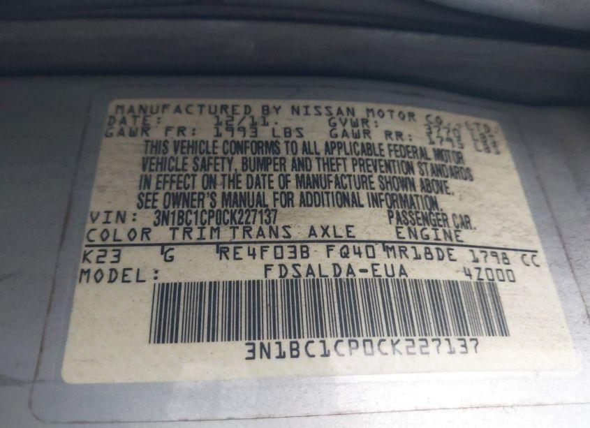 Photo 9 of 2012 Nissan Versa 1.8 S (VIN 3N1BC1CP0CK227137)