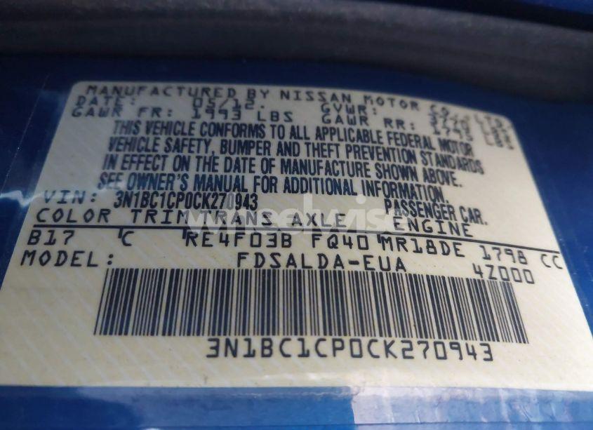 Photo 9 of 2012 Nissan Versa 1.8 S (VIN 3N1BC1CP0CK270943)