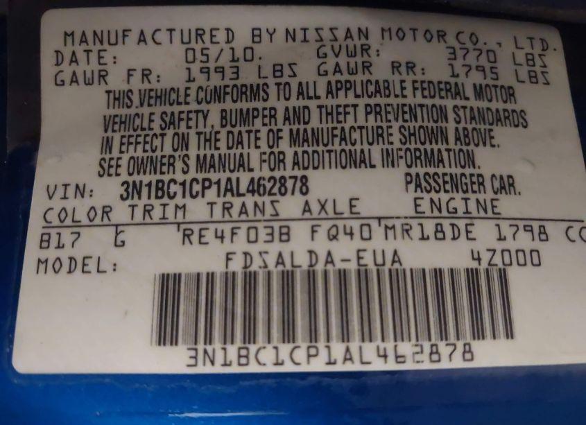 Photo 9 of 2010 Nissan Versa 1.8S (VIN 3N1BC1CP1AL462878)