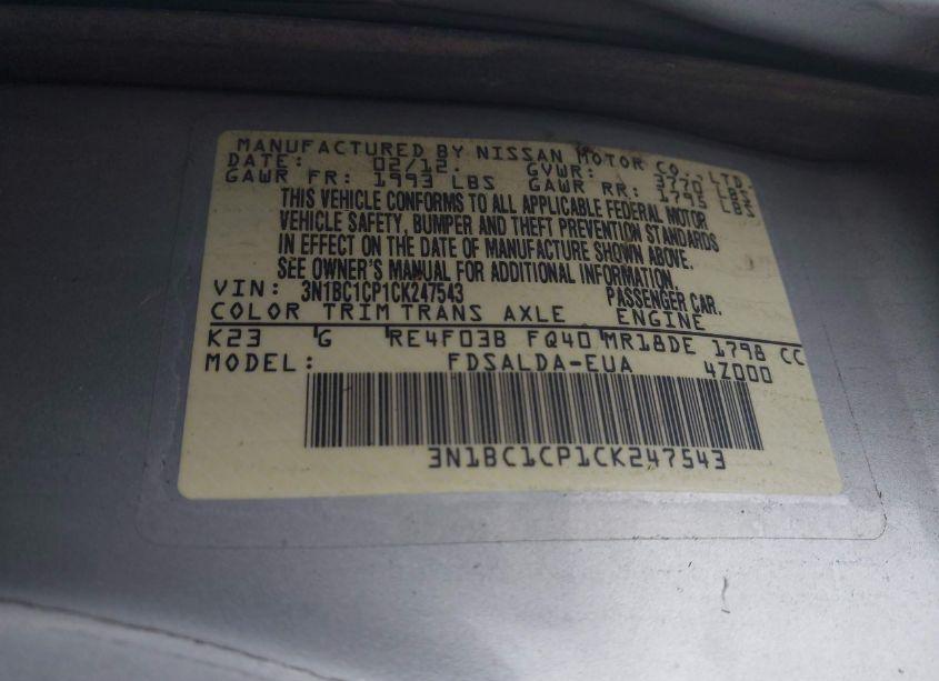 Photo 9 of 2012 Nissan Versa 1.8 S (VIN 3N1BC1CP1CK247543)