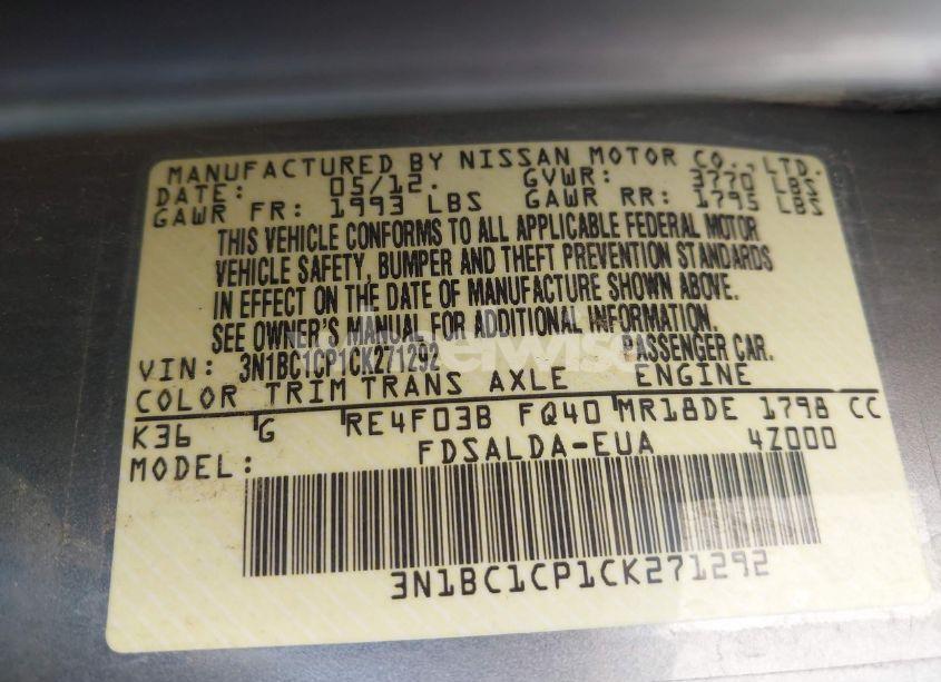 Photo 9 of 2012 Nissan Versa 1.8 S (VIN 3N1BC1CP1CK271292)