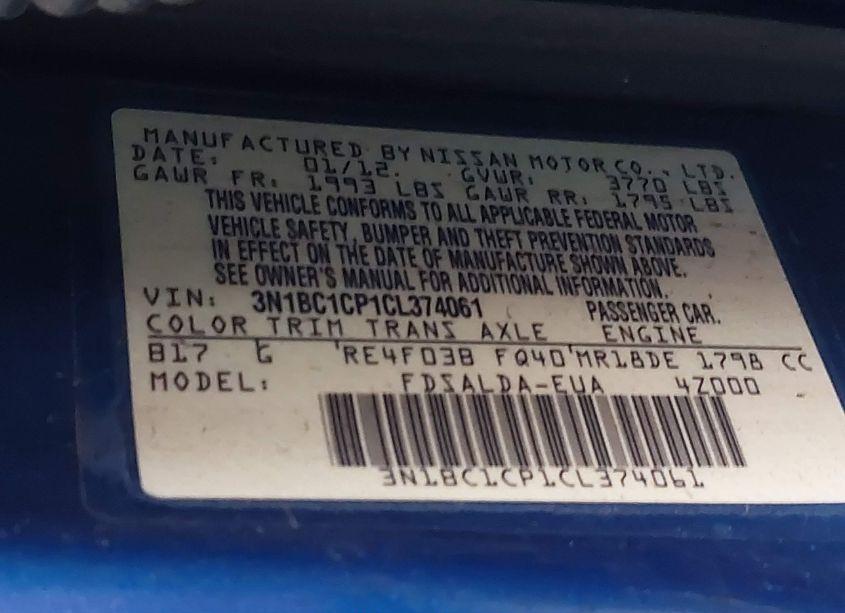 Photo 9 of 2012 Nissan Versa 1.8 S (VIN 3N1BC1CP1CL374061)