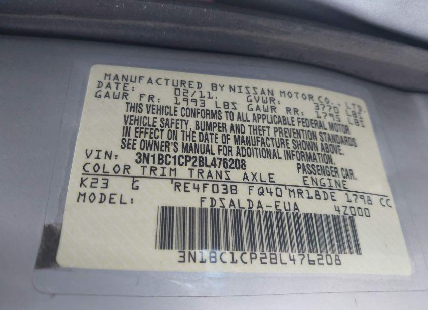 Photo 9 of 2011 Nissan Versa 1.8S (VIN 3N1BC1CP2BL476208)