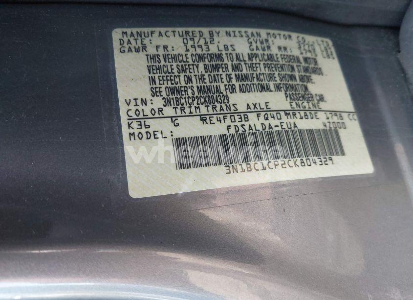 Photo 9 of 2012 Nissan Versa 1.8 S (VIN 3N1BC1CP2CK804329)